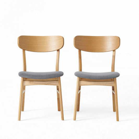 Dining Chair Set of 2, Gray Padded Seat, Natural Brown Splayed Legs