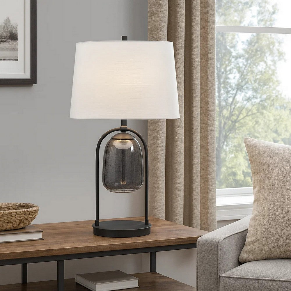 31 Inch Table Lamp, Crackled Black Glass w Night Light, White Shade