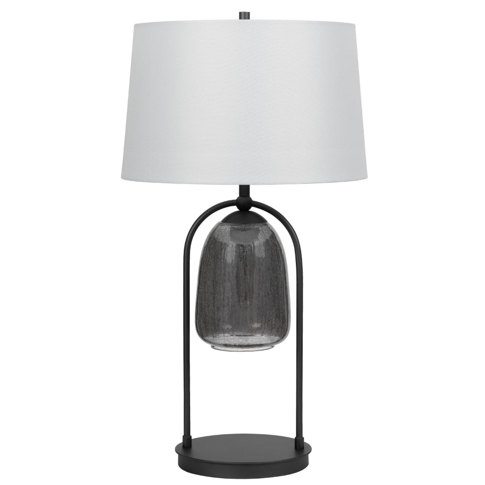 31 Inch Table Lamp, Crackled Black Glass w Night Light, White Shade