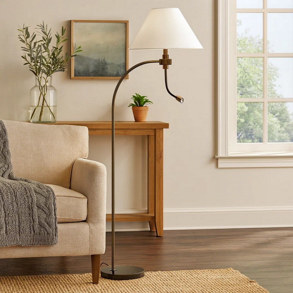 Ashy 68 Inch Floor Lamp, Gooseneck LED, White Shade, Brass Arc Pole