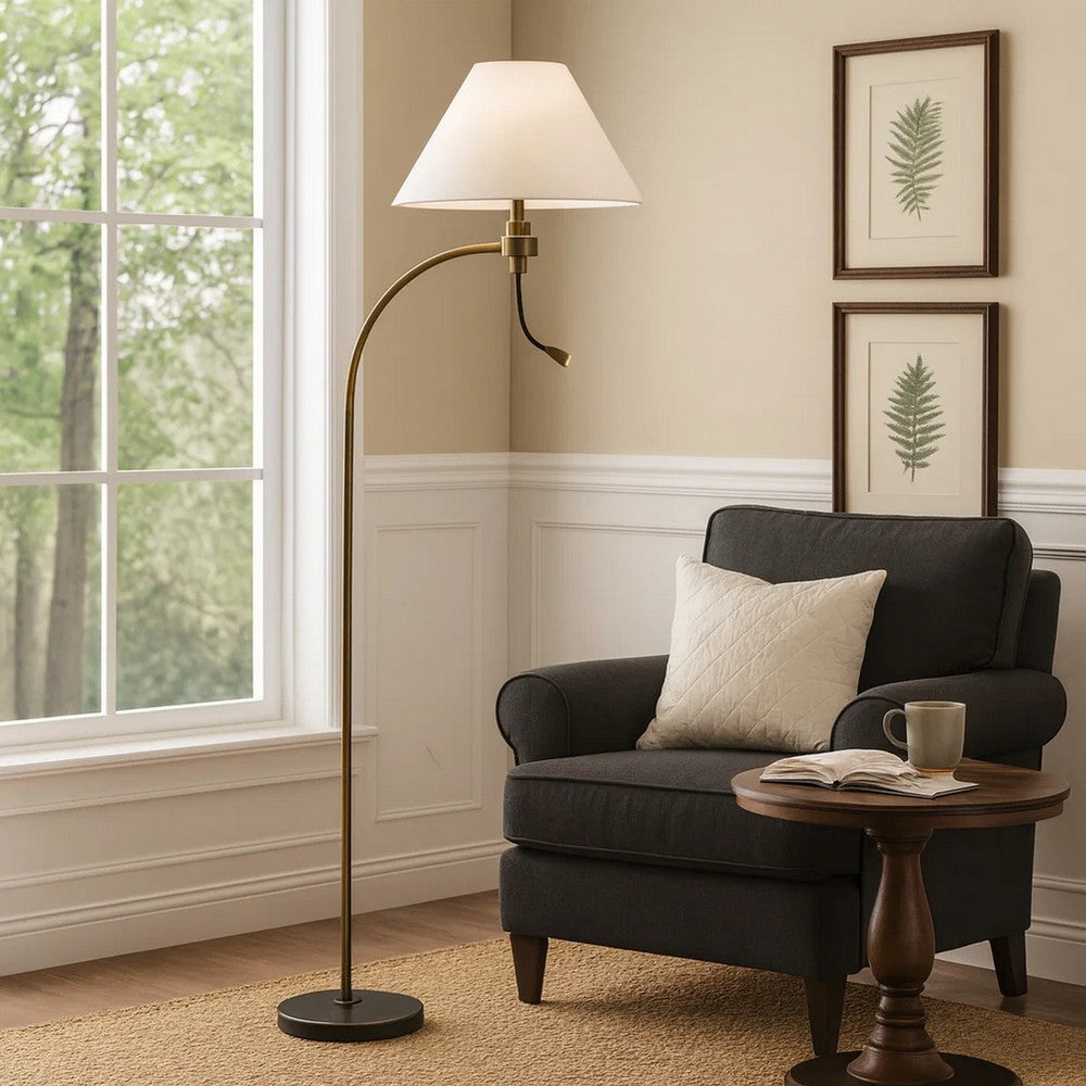Ashy 68 Inch Floor Lamp, Gooseneck LED, White Shade, Brass Arc Pole