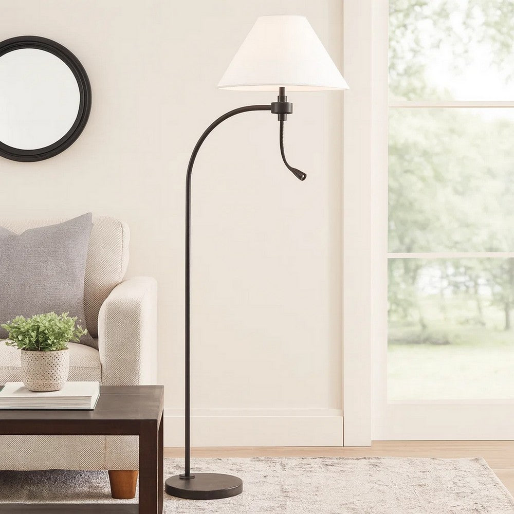 Ashy 68 Inch Floor Lamp, Gooseneck LED, White Shade, Black Arc Pole