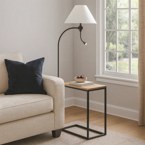 Ashy 68 Inch Floor Lamp, Gooseneck LED, White Shade, Black Arc Pole