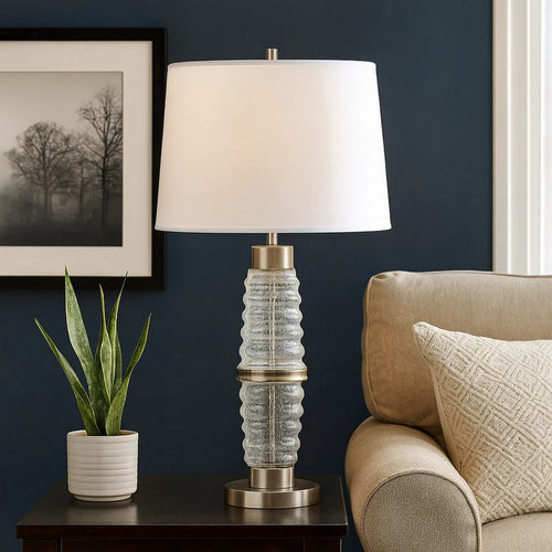 Maci 29 Inch Table Lamp, Accent Crackled Clear Glass, White Drum Shade