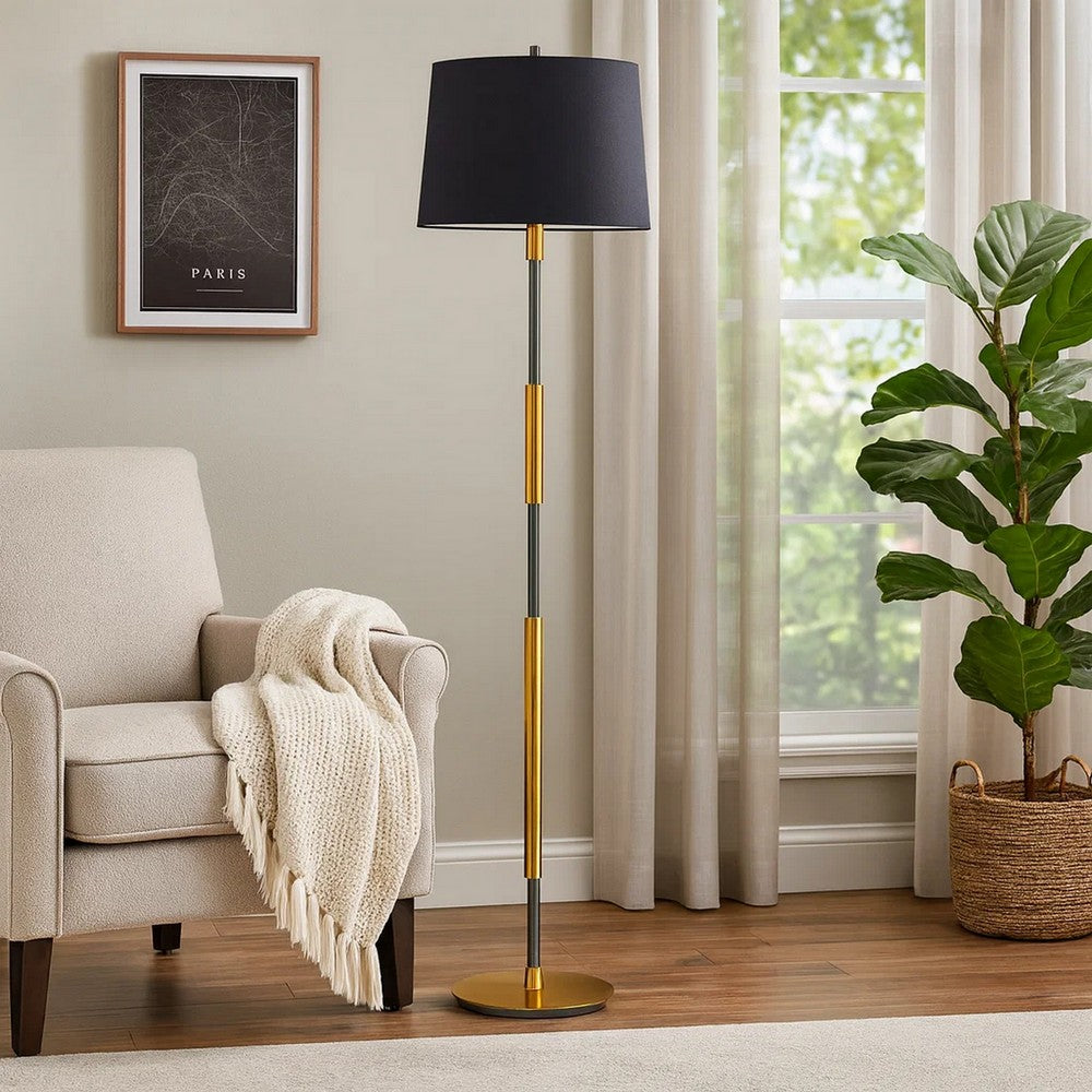 Siu 60 Inch Floor Lamp, Gold Metal Pole w Finial Tip, Black Shade