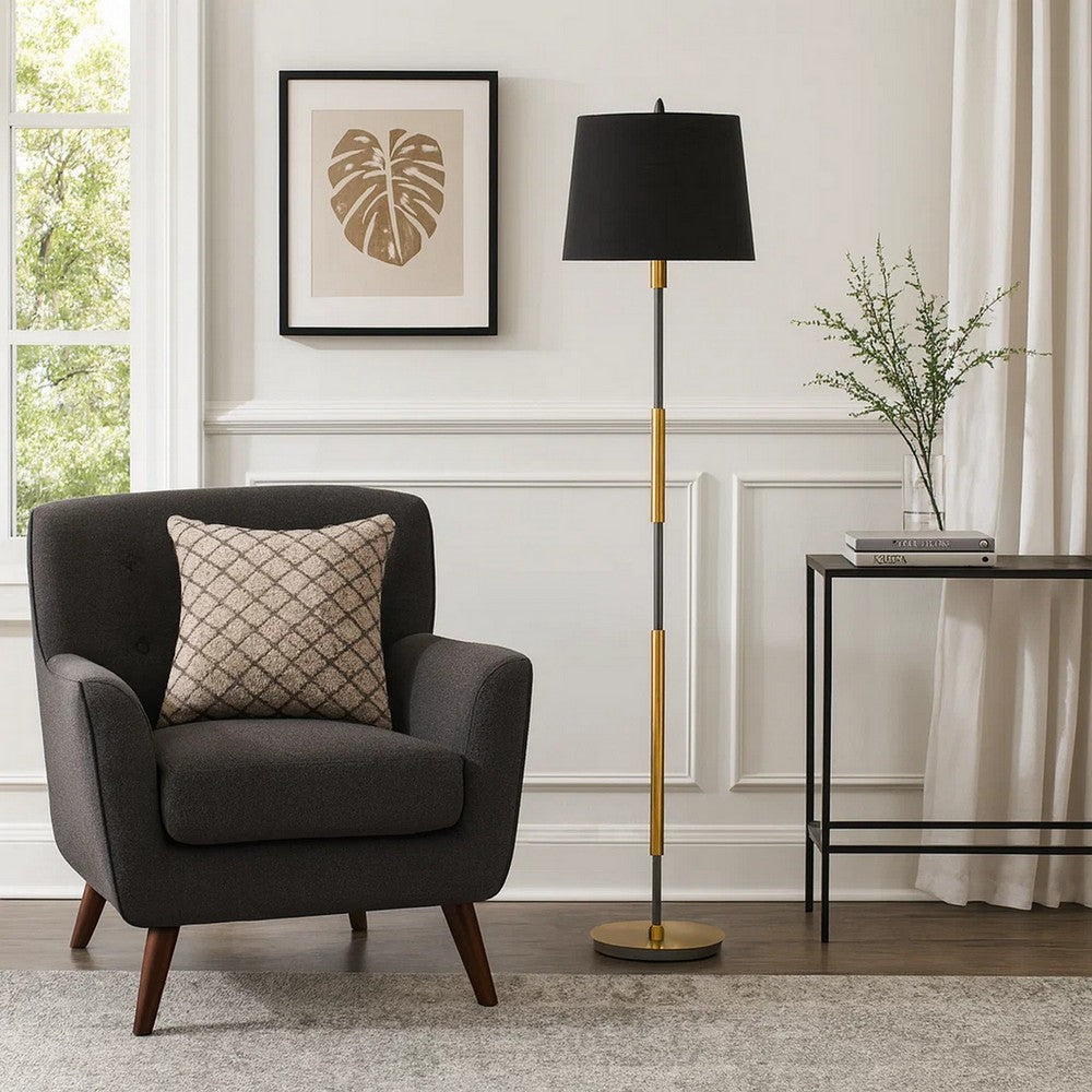 Siu 60 Inch Floor Lamp, Gold Metal Pole w Finial Tip, Black Shade