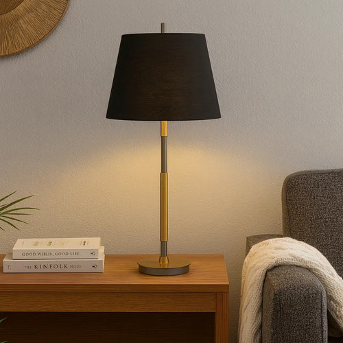 Siu 30 Inch Table Lamp, Gold Metal Thin Pole w Finial, Black Shade