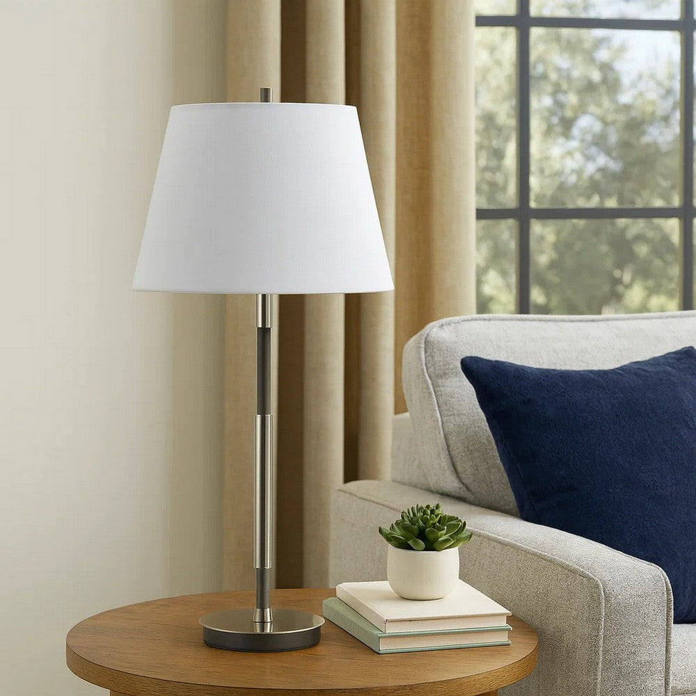 Siu 30 Inch Table Lamp, Chrome Metal Thin Pole w Finial, White Shade