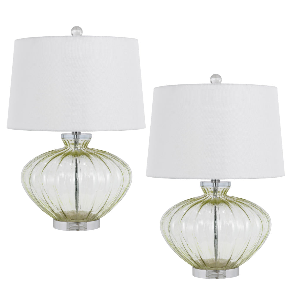 23 Inch Table Lamp Set of 2, Round Crystal Base, White Fabric Shade
