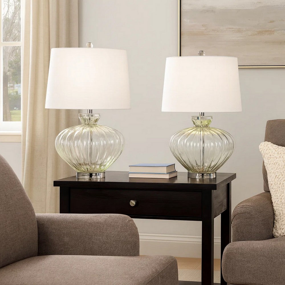 23 Inch Table Lamp Set of 2, Round Crystal Base, White Fabric Shade