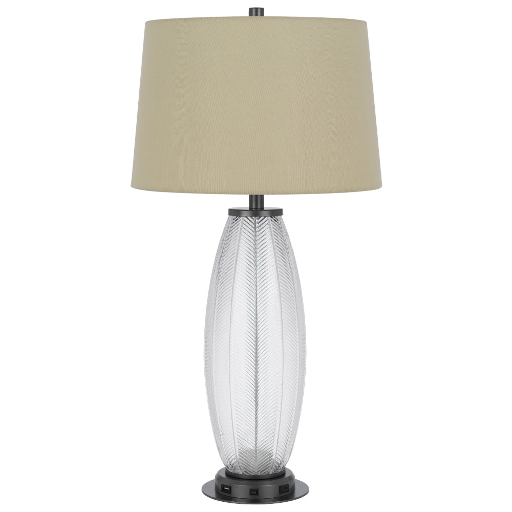Leno 32 Inch Table Lamp, Leaf Pattern Clear Glass Base, Beige Shade