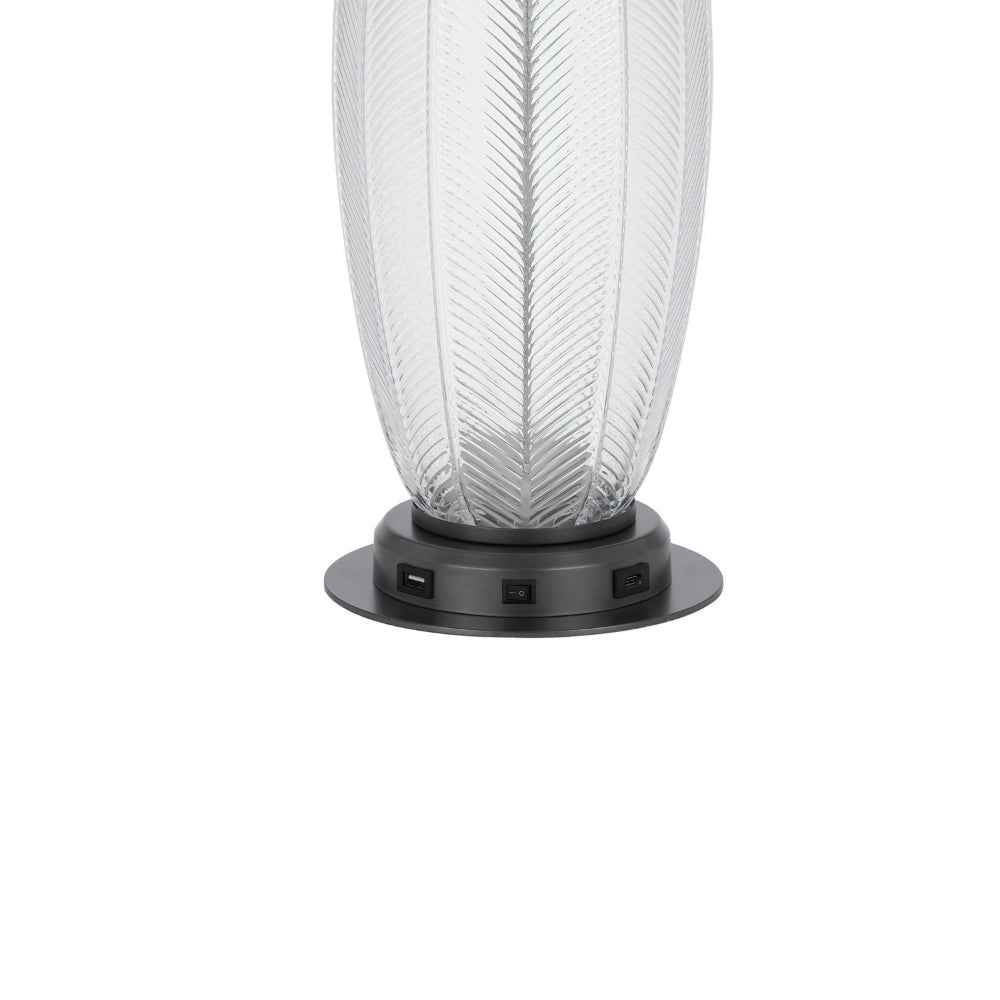 Leno 32 Inch Table Lamp Leaf Pattern Clear Glass Base Beige Shade BM323957
