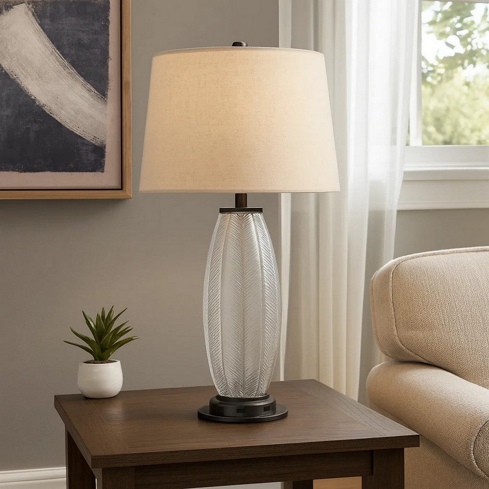 Leno 32 Inch Table Lamp, Leaf Pattern Clear Glass Base, Beige Shade