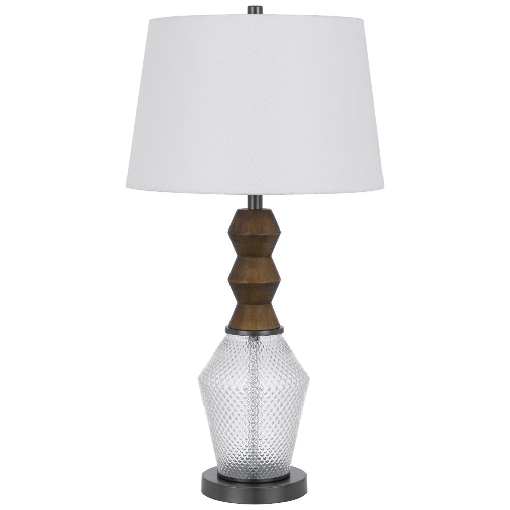 Hay 33 Inch Table Lamp, Diamond Pattern Glass Base, White Fabric Shade