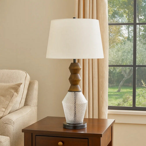 Hay 33 Inch Table Lamp, Diamond Pattern Glass Base, White Fabric Shade