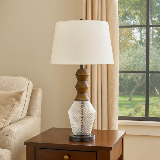 Hay 33 Inch Table Lamp, Diamond Pattern Glass Base, White Fabric Shade