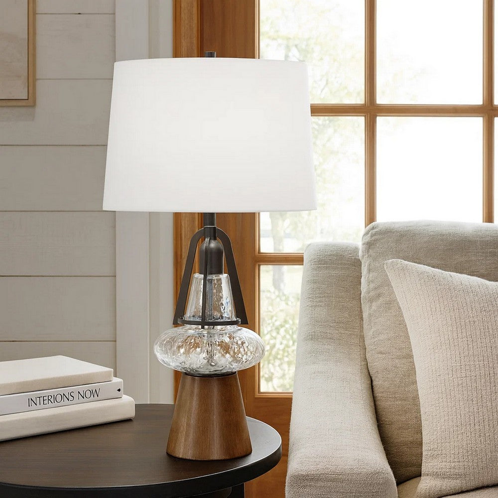 Leya 30 Inch Table Lamp, Lantern Style Glass Base, White Fabric Shade