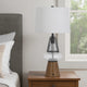 Leya 30 Inch Table Lamp, Lantern Style Glass Base, White Fabric Shade
