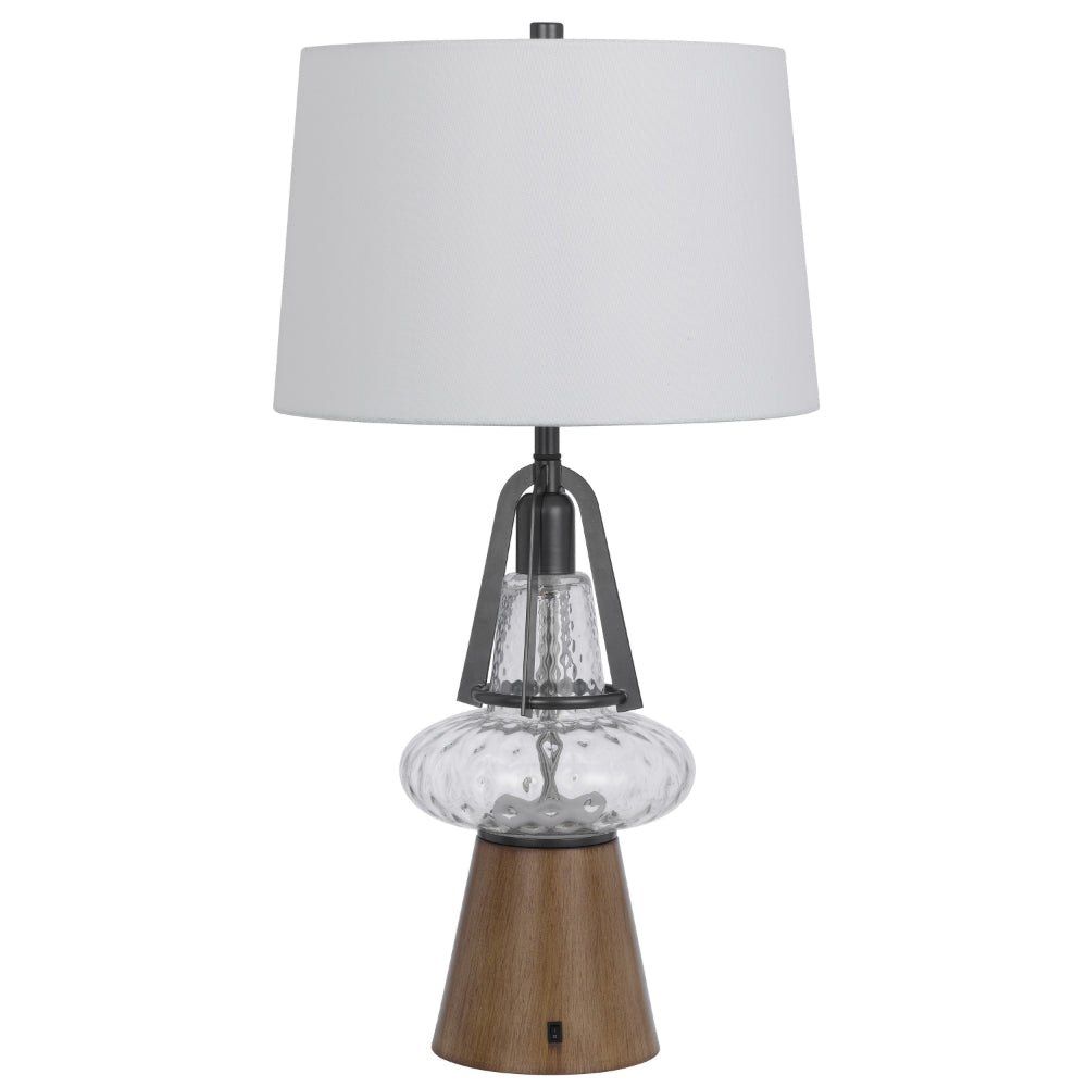 Leya 30 Inch Table Lamp, Lantern Style Glass Base, White Fabric Shade