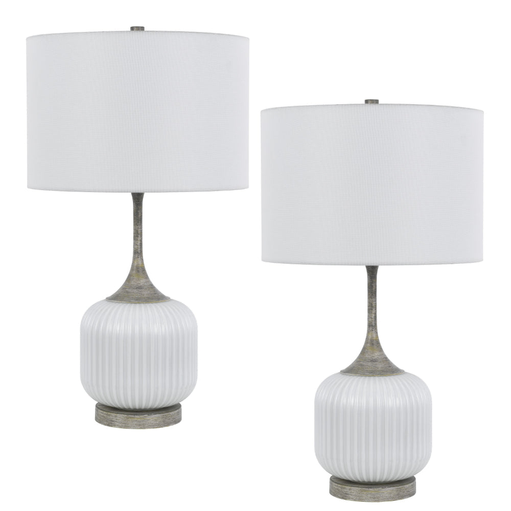 Myra Table Lamp Set of 2, Fluted Accent Glass Base, White Fabric Shade