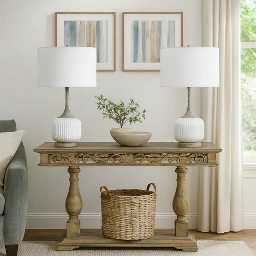 Myra Table Lamp Set of 2, Fluted Accent Glass Base, White Fabric Shade