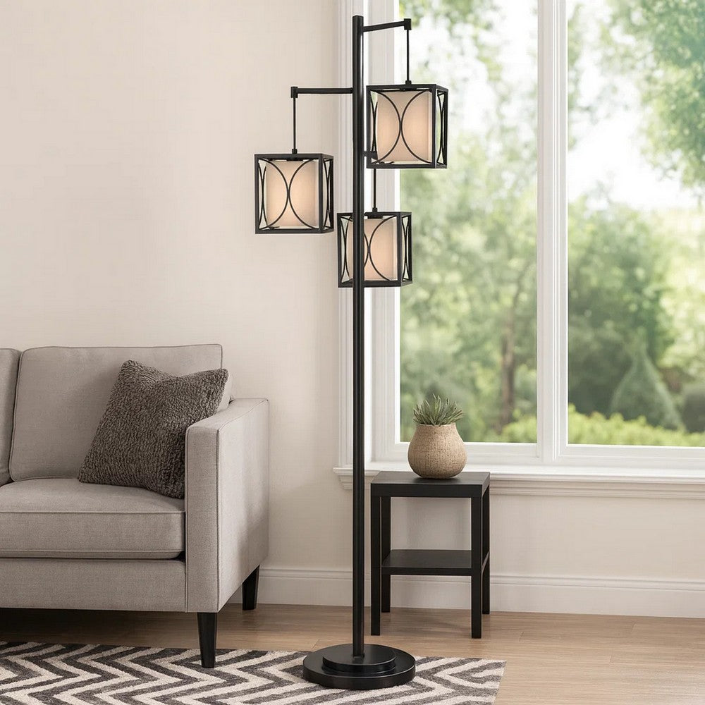 Lany 73 Inch Floor Lamp, 3 Hanging Lantern Style Shades, Black Iron