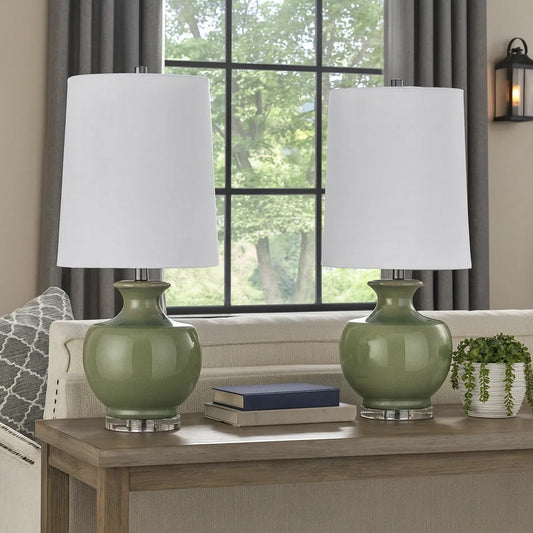 Kela 28 Inch Table Lamp Set of 2, Green Ceramic Pot Base, White Shade