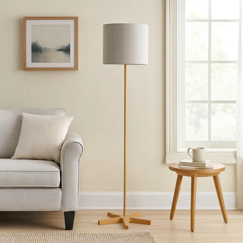 Plue 62 Inch Floor Lamp, Brown Pole w Star Wood Base, White Shade