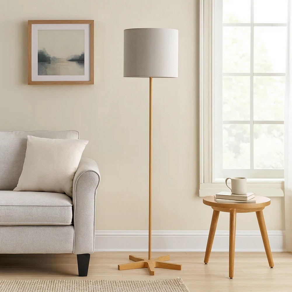 Plue 62 Inch Floor Lamp, Brown Pole w Star Wood Base, White Shade