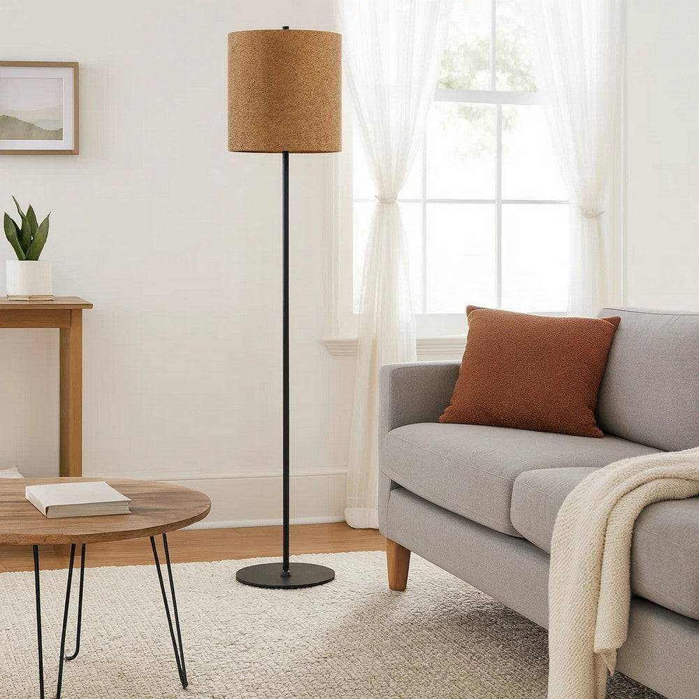 Plue 63 Inch Floor Lamp, Black Pole w Round Base, Cork Drum Shade