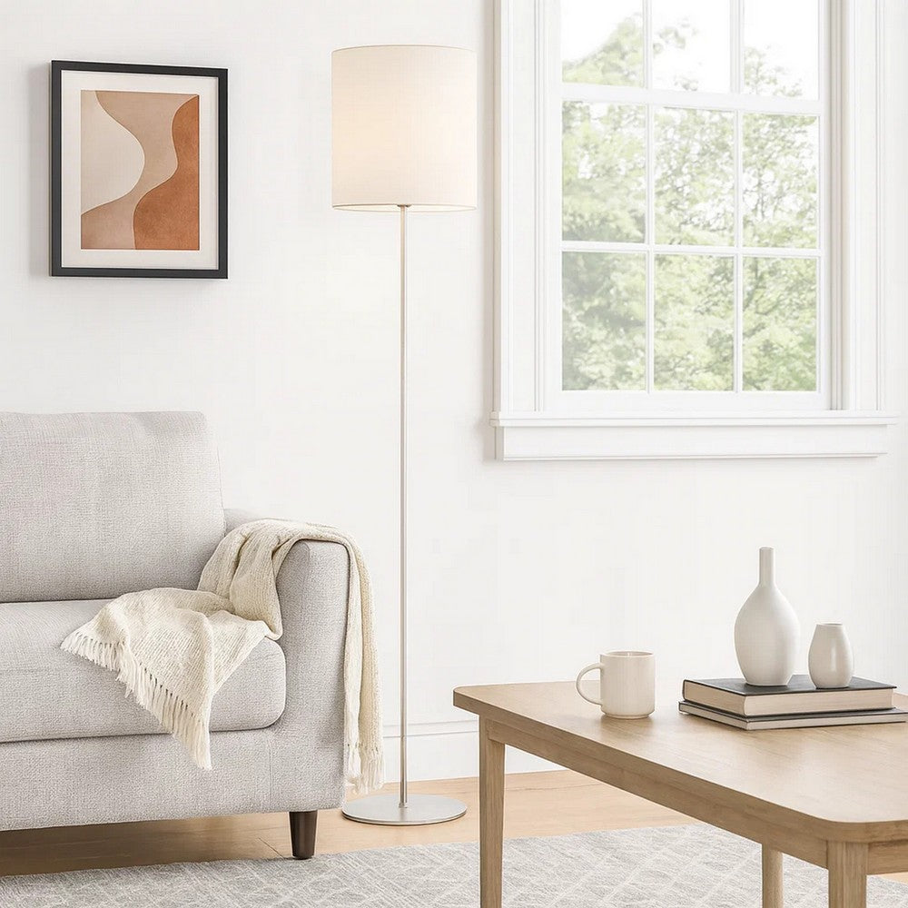 Plue 63 Inch Floor Lamp, Chrome Pole Round Base, Off White Drum Shade