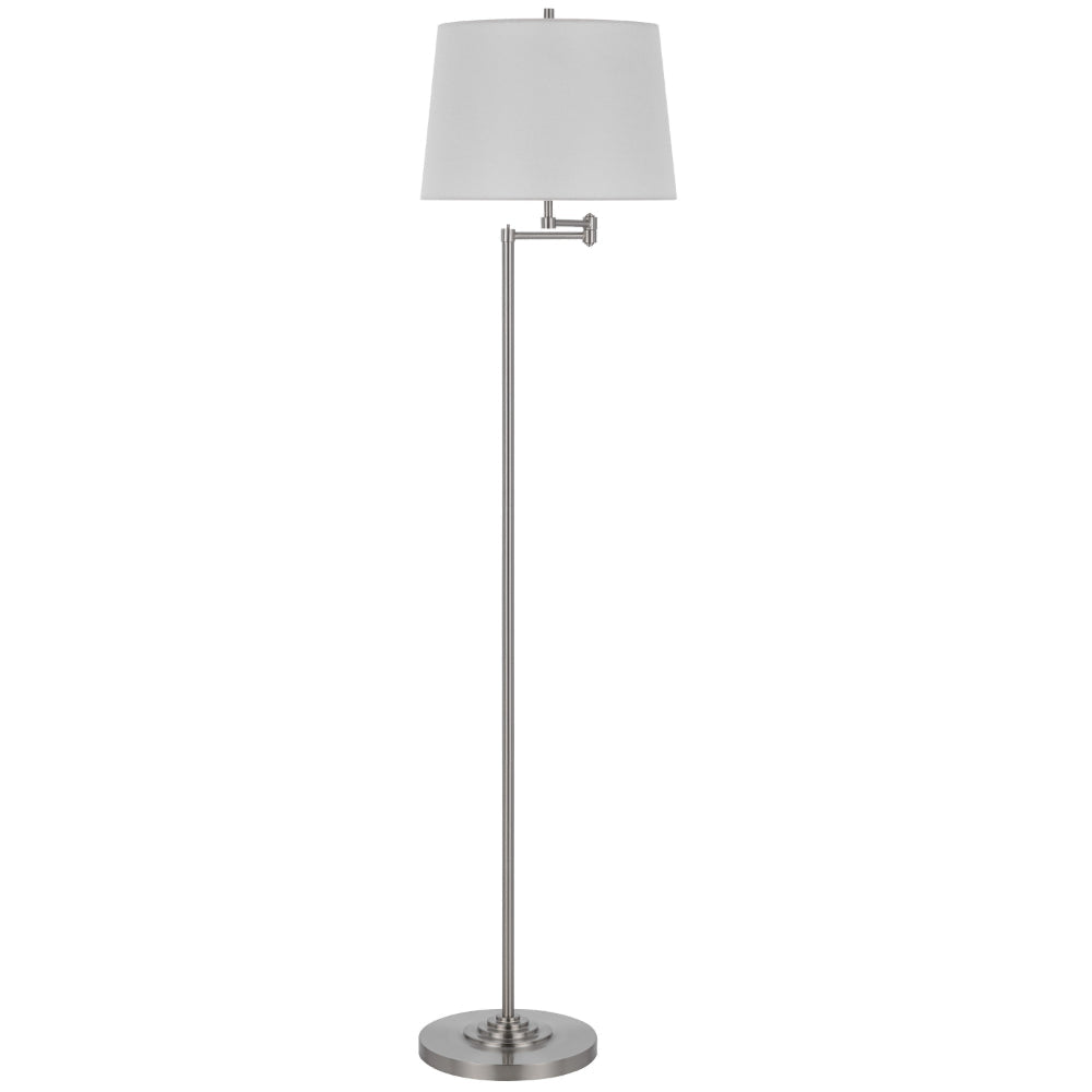 Tomi 63 Inch Floor Lamp, Double Swing Arm, Brushed Steel, White Shade