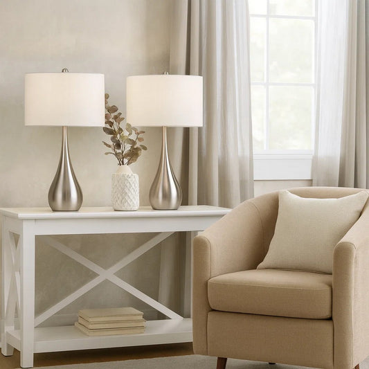 Ege Table Lamp Set of 2, Teardrop Brushed Steel Base, White Shade