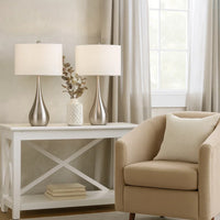 Ege Table Lamp Set of 2, Teardrop Brushed Steel Base, White Shade
