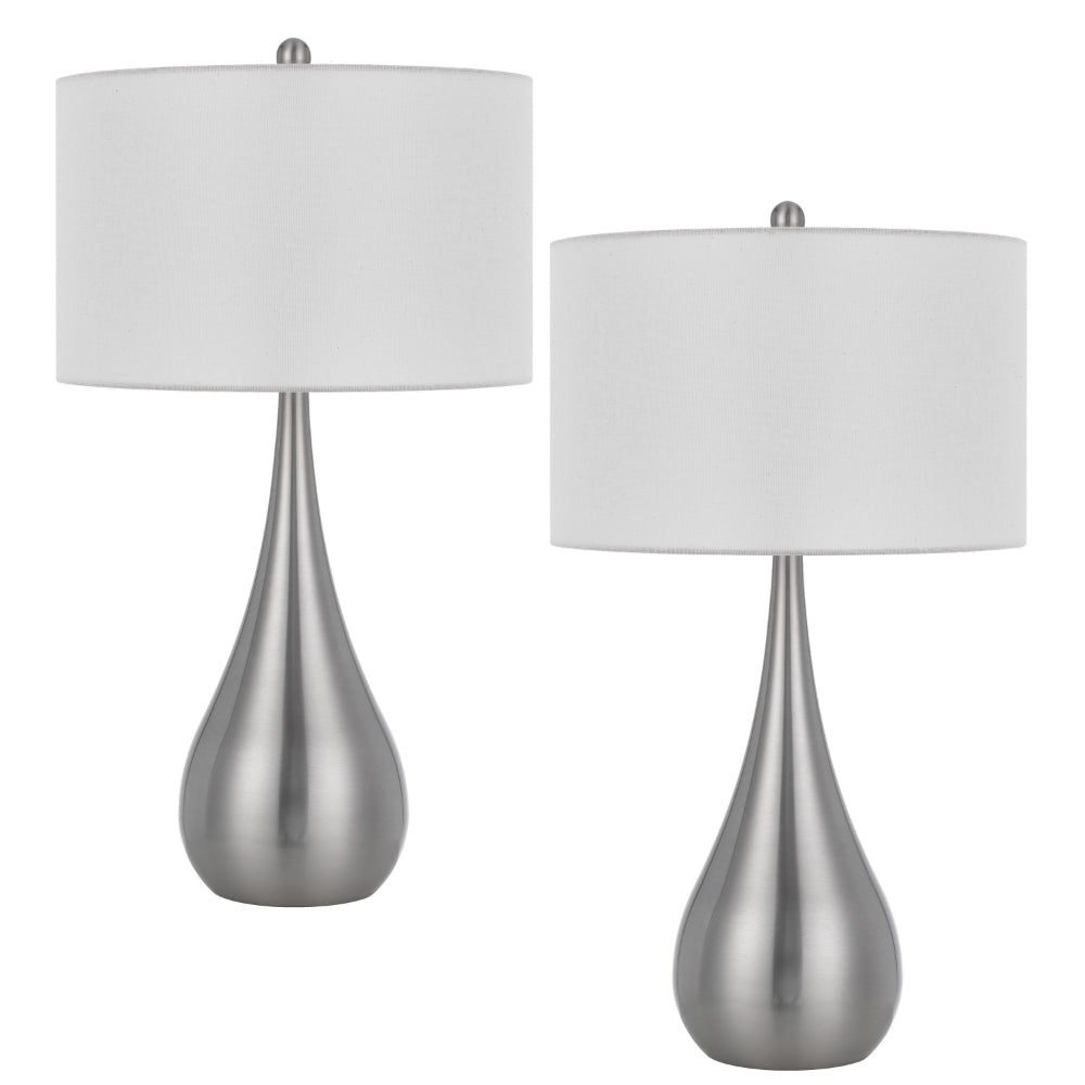 Ege Table Lamp Set of 2, Teardrop Brushed Steel Base, White Shade