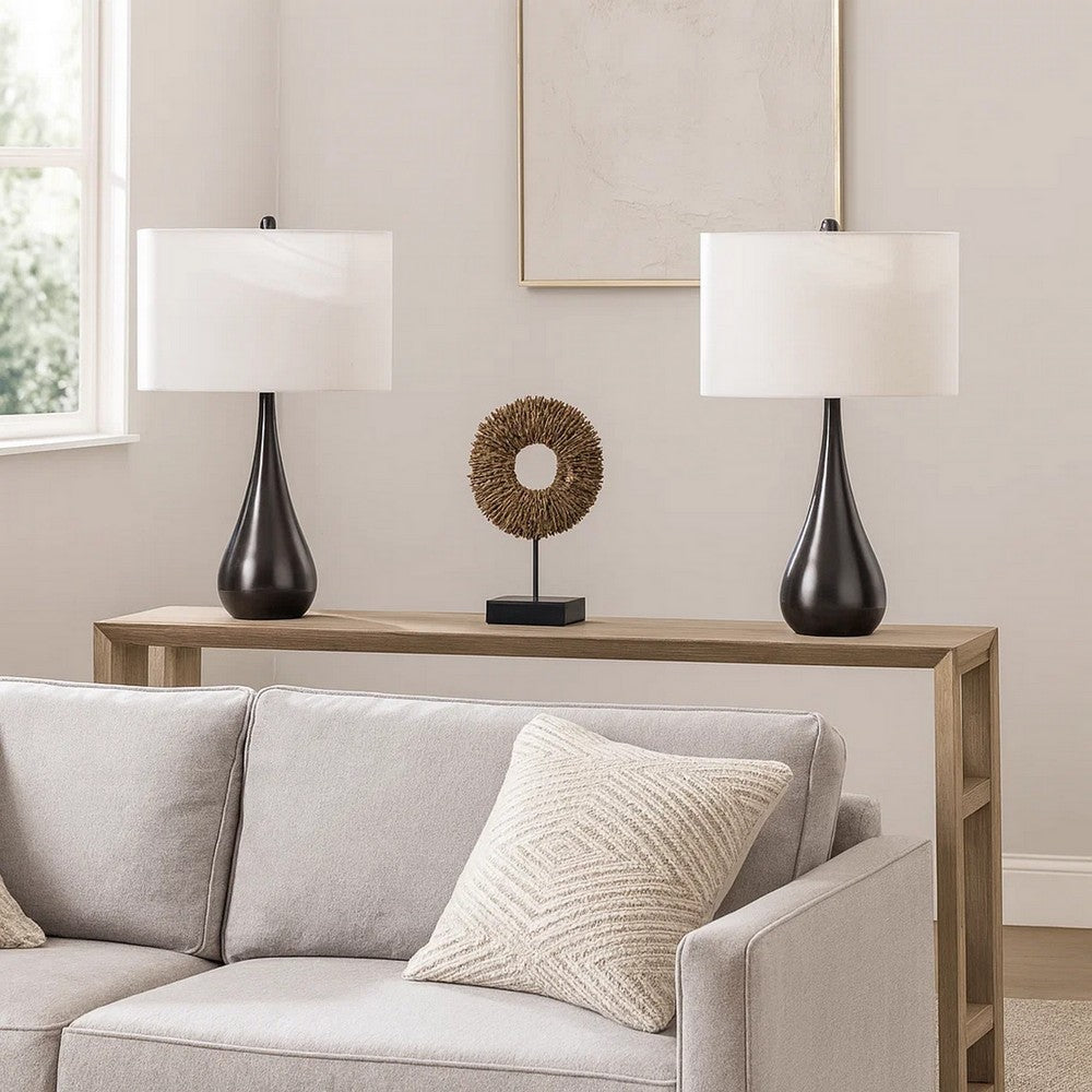 Ege Table Lamp Set of 2, Teardrop Bronze Metal Base, White Shade