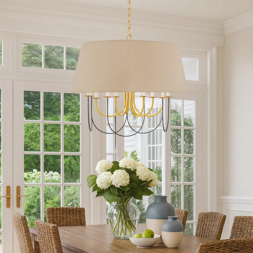 Pomy 28 Inch Chandelier, Hardback Burlap Shade, Gold Black Metal