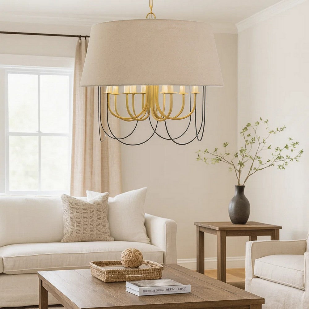 Pomy 28 Inch Chandelier, Hardback Burlap Shade, Gold Black Metal