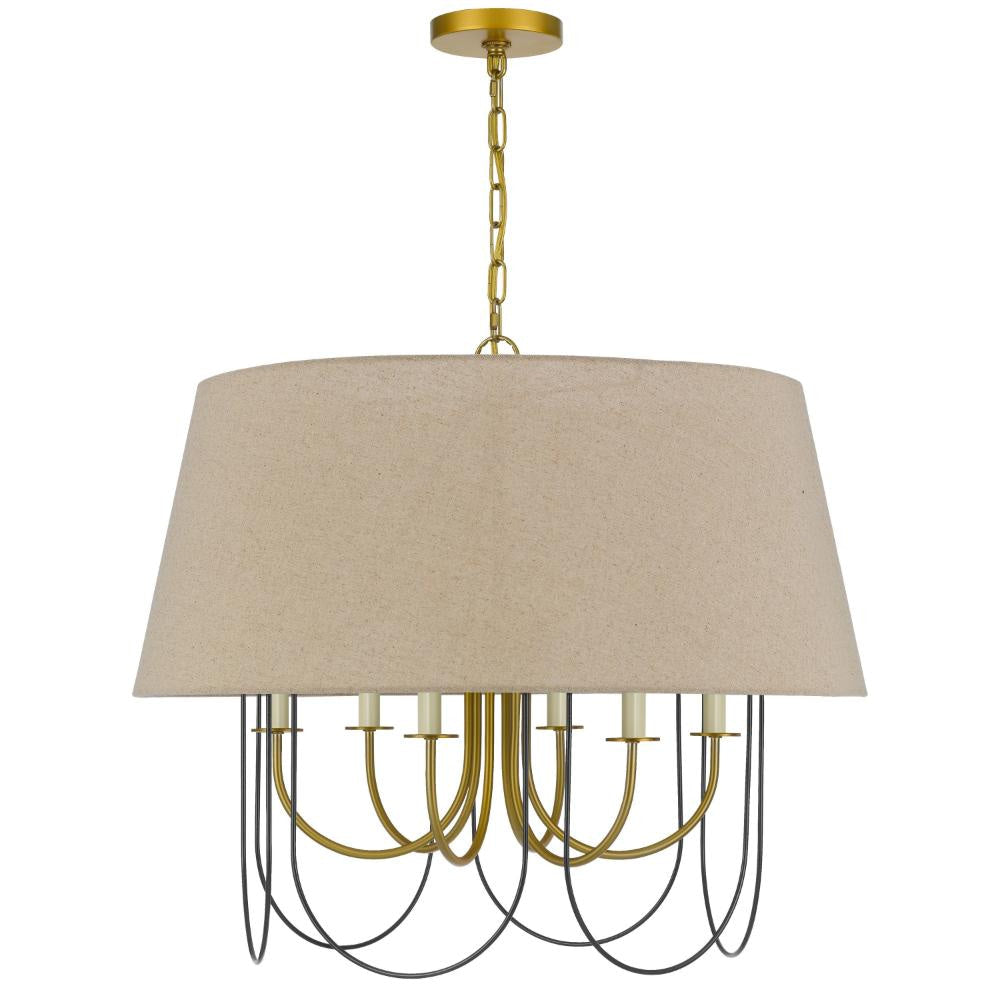Pomy 28 Inch Chandelier, Hardback Burlap Shade, Gold Black Metal