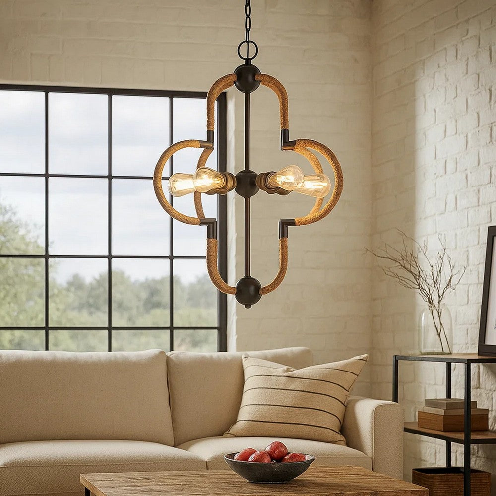 Gemo 25 Inch Chandelier, Crossed Clover Design, Brass Black Metal