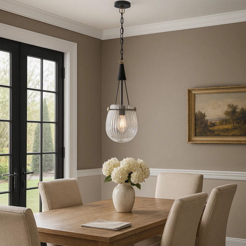 Cora 8 Inch Pendant Light w Gray Gold Chain, Fluted Raindrop Glass