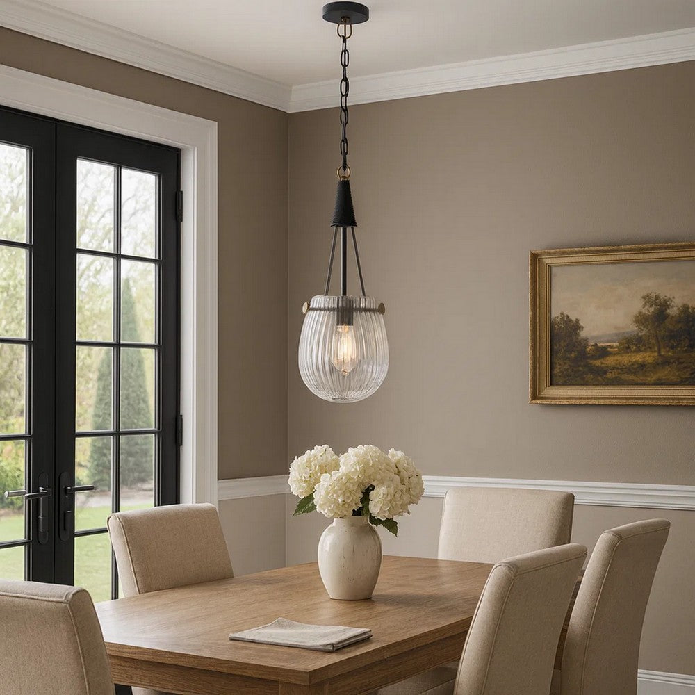 Cora 8 Inch Pendant Light w Gray Gold Chain, Fluted Raindrop Glass