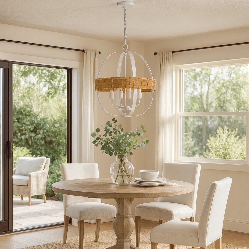 Baty Chandelier, 3 Light Rustic Rattan, Round White Metal 18 Inch