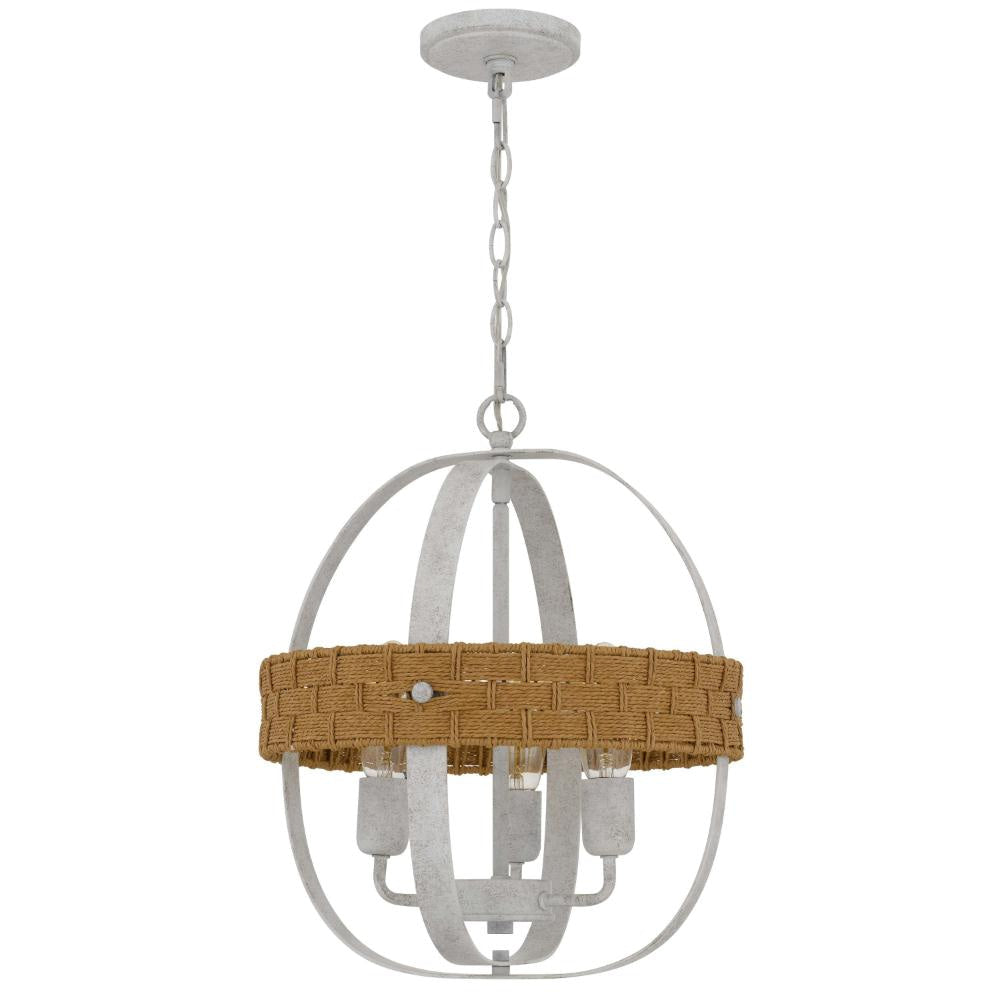 Baty Chandelier, 3 Light Rustic Rattan, Round White Metal 18 Inch