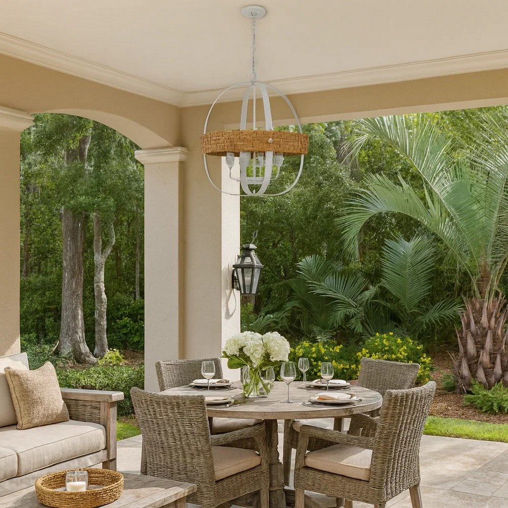 Baty Chandelier, 4 Light Rustic Rattan Round, White Metal 21 Inch