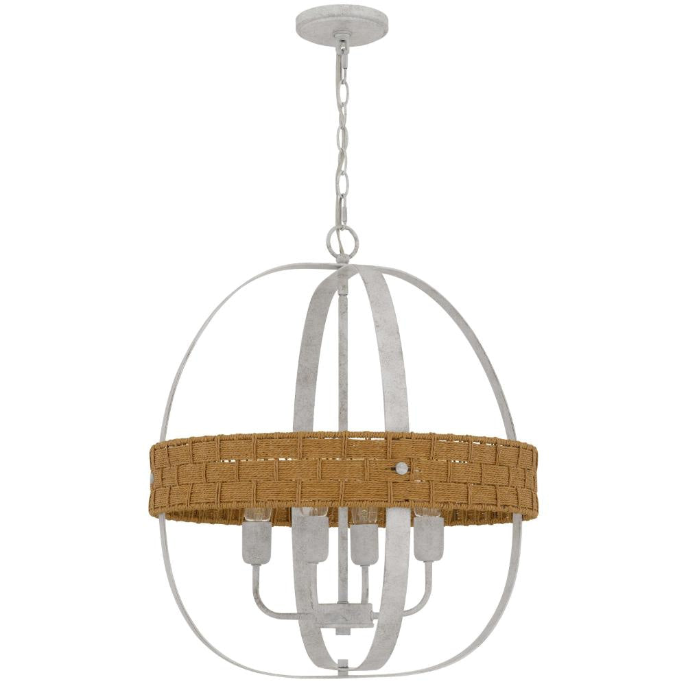 Baty Chandelier, 4 Light Rustic Rattan Round, White Metal 21 Inch