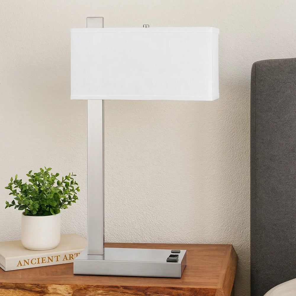 Nacy Table Lamp, 1 Power Outlet and USB Port, Chrome Steel 25 Inch