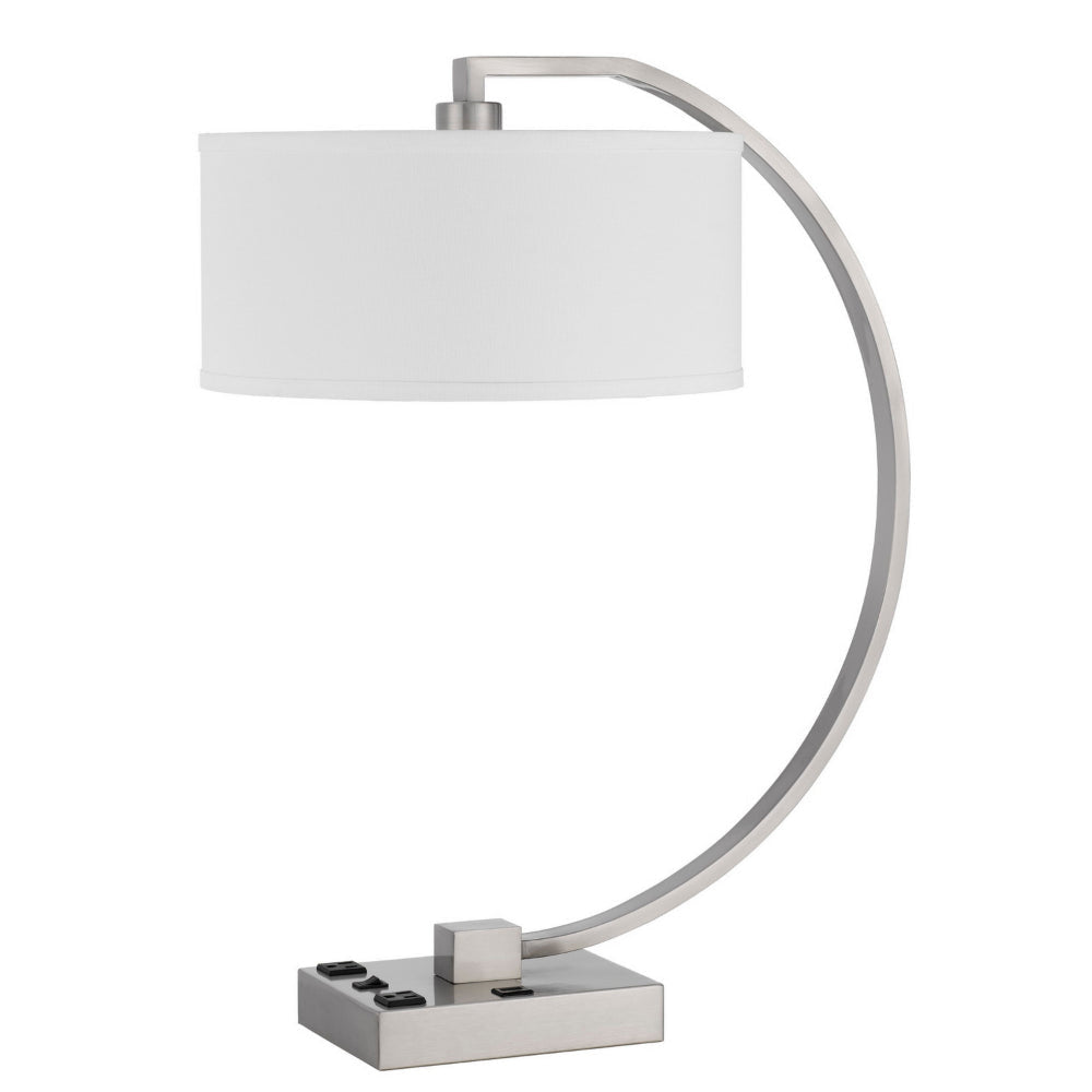 Fory Table Lamp, 2 Outlets, 1 USB Port, Curved Chrome Steel 26 Inch