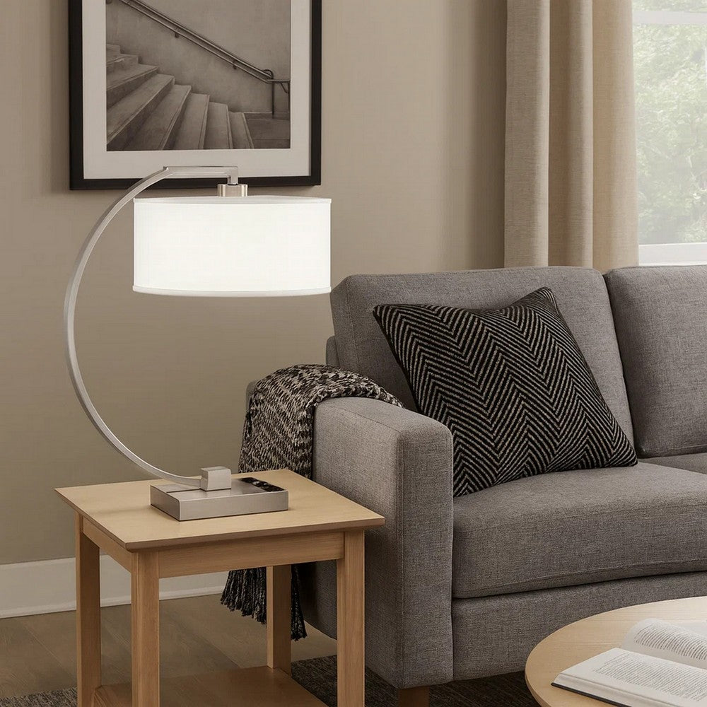 Fory Table Lamp, 2 Outlets, 1 USB Port, Curved Chrome Steel 26 Inch