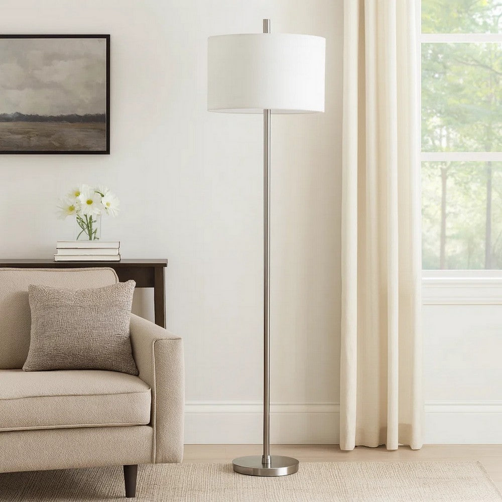 Ano Floor Lamp, Slim Frame, White Drum Shade, Chrome Metal 67 Inch